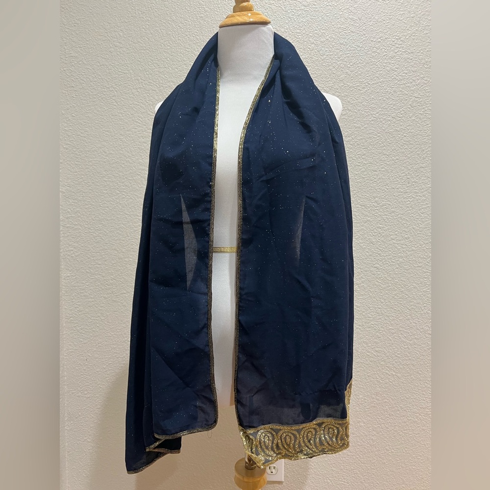 Wow Shams Navy Blue Dupatta with Gold Embellishments